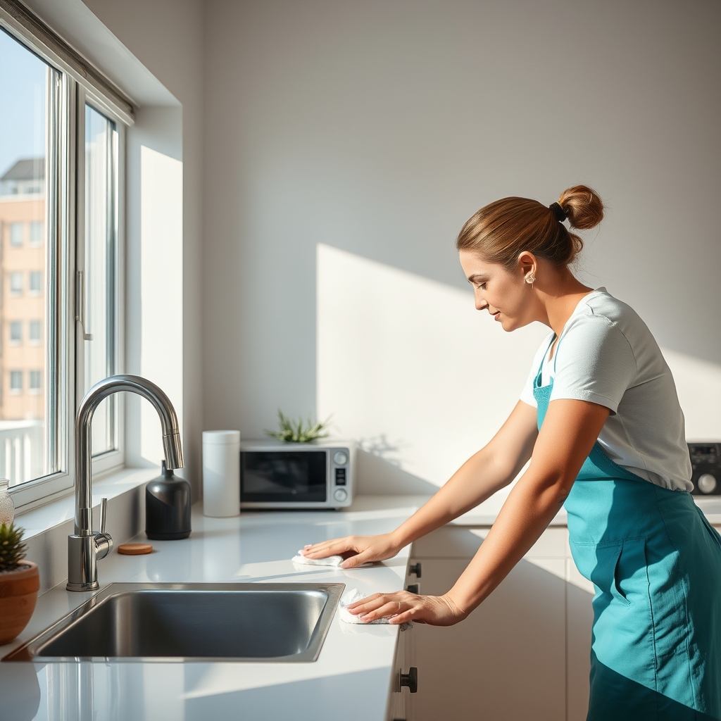 Aide-ménagère nettoyant un plan de travail dans un appartement lumineux