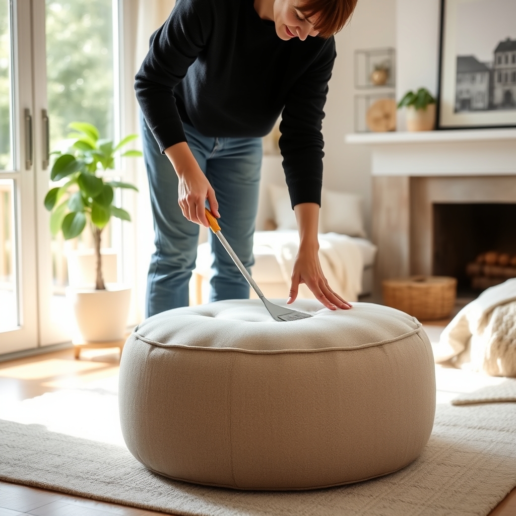 Personne nettoyant un pouf en tissu dans un salon lumineux