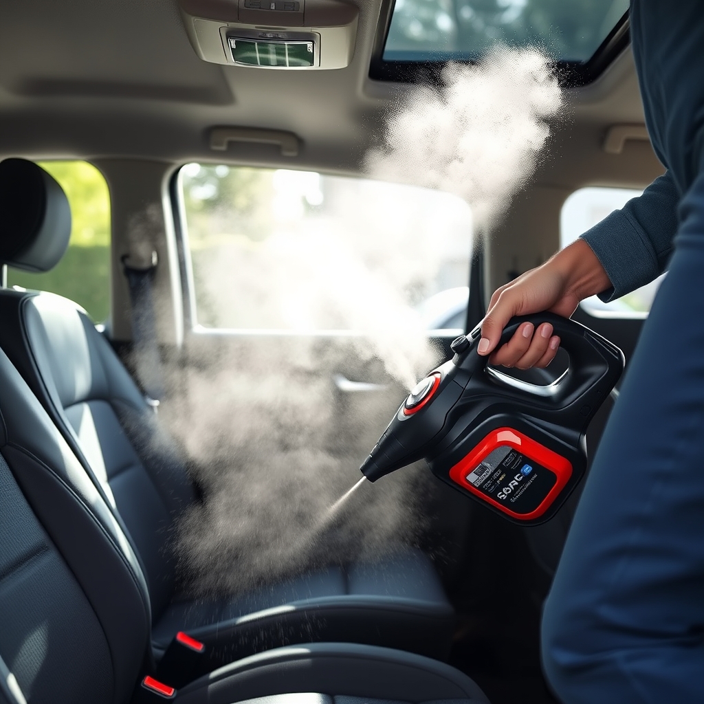 Personne nettoyant un siège de voiture avec un nettoyeur vapeur à main