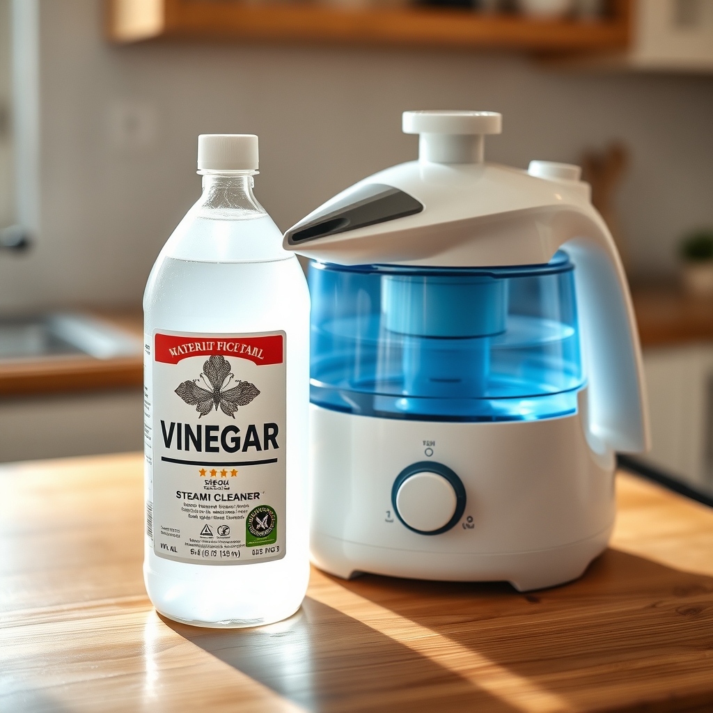 Bouteille de vinaigre blanc posée à côté du réservoir d'un nettoyeur vapeur
